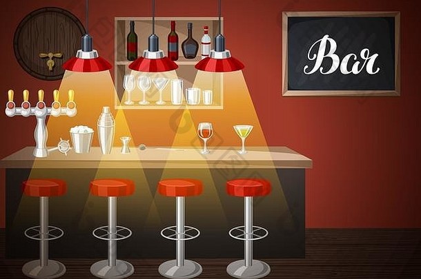酒吧或夜总会的吧台。带附件、饮料和鸡尾酒的内饰插图