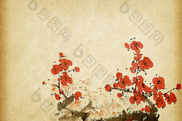 传统的中国人绘画春天李子开花古董纸背景
