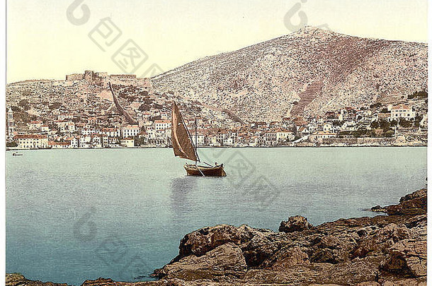 古董照片彩色景观特色港口小镇村湖海居住元素包括人船elemrnts