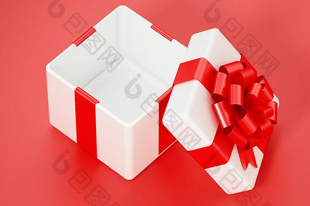 打开红色背景上<strong>的</strong>礼品盒。三维插图。