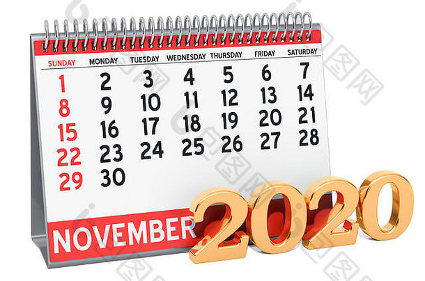 2020年11月桌面日历，在白色背景上隔离3D渲染