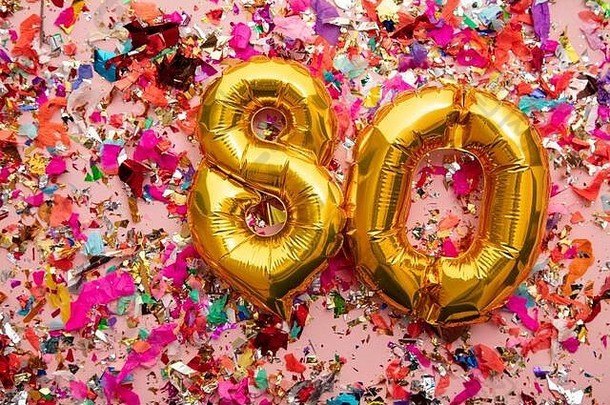 80号金色生日庆祝气球，五彩纸屑闪烁背景
