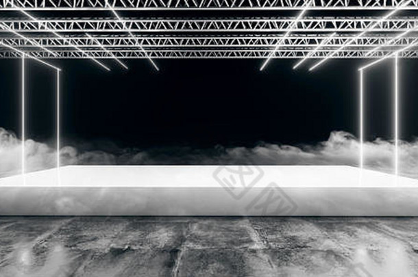 具有金属真结构的未来派发光白色霓虹Led激光<strong>舞台</strong>，黑色黑色背景和烟雾3D渲染的空白空间