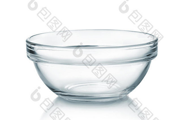 白色隔离的空玻璃碗的前视图