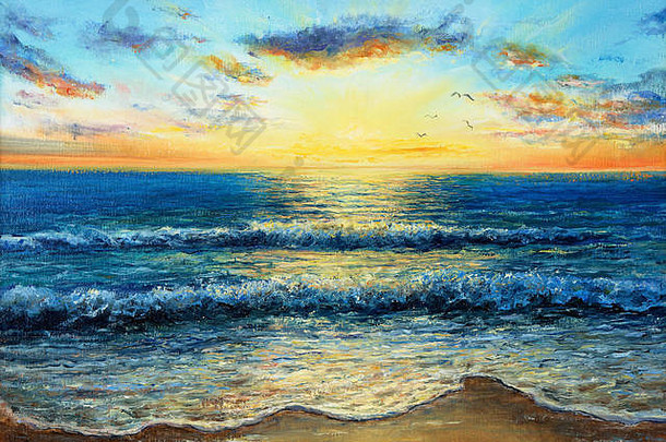油画原作，在画布上表现海洋或海洋中的波浪。现代印象派、现代主义、马林主义