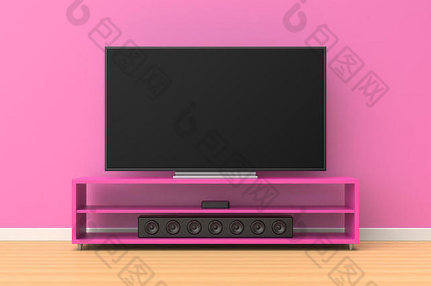 在一个有<strong>粉色墙</strong>壁和木质地板的房间里，<strong>粉色</strong>支架上的3d渲染宽屏电视下方有一个音效条。