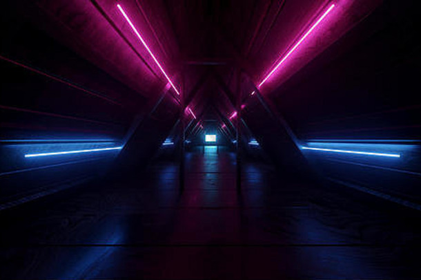 sci未来主义的霓虹灯发光的紫色的蓝色的晚上黑暗月亮光三角形屋顶隧道走廊阁楼领导光充满活力的木木板纹理现实的