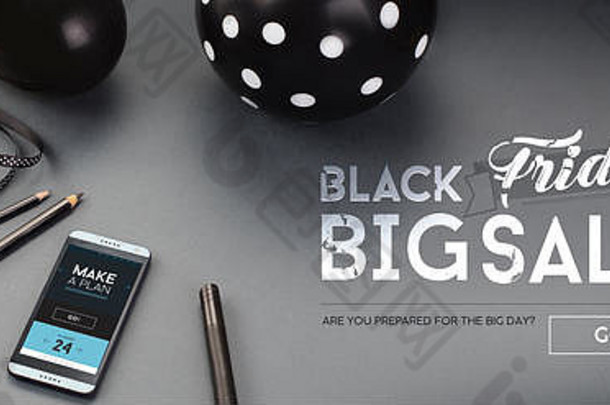 黑色星期五销售横幅，灰色背景上有黑色字母、气球、铅笔、丝带和安卓手机。