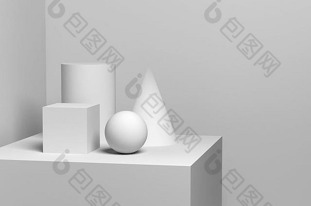 白色几何形状的抽象静物装置。三维渲染插图