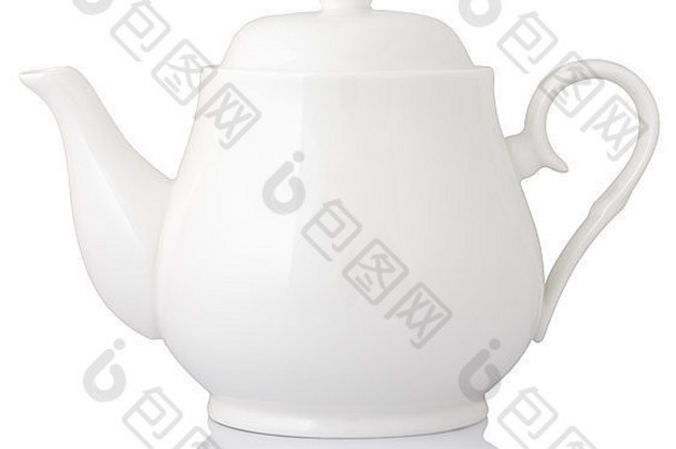 白瓷茶壶，隔在白色的茶壶上。剪切路径