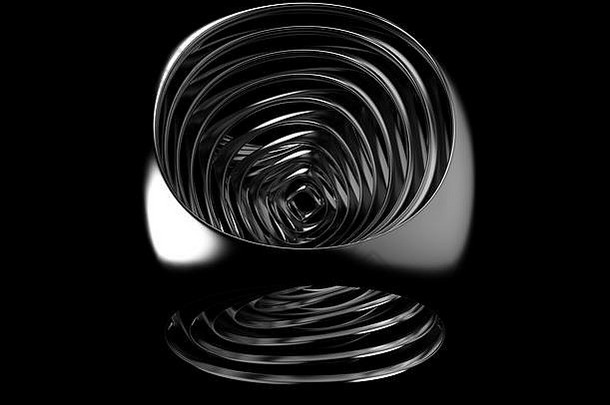 黑白立体抽象。重复缩小尺寸的银色圆角立方体。数字艺术，3D渲染插图