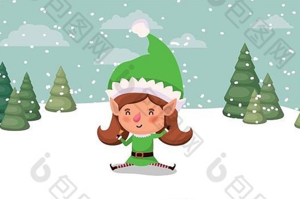 雪景中的可爱女孩圣诞老人助手