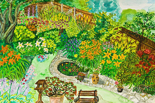 手绘画，水彩画-有许多花的花园景观。