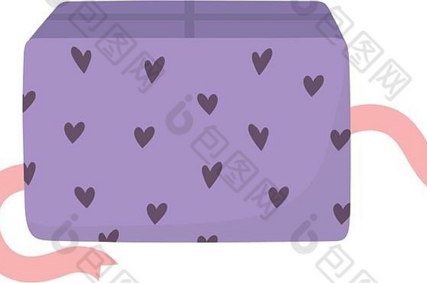 紫色礼品盒，白色背景上印有心形和丝带图案