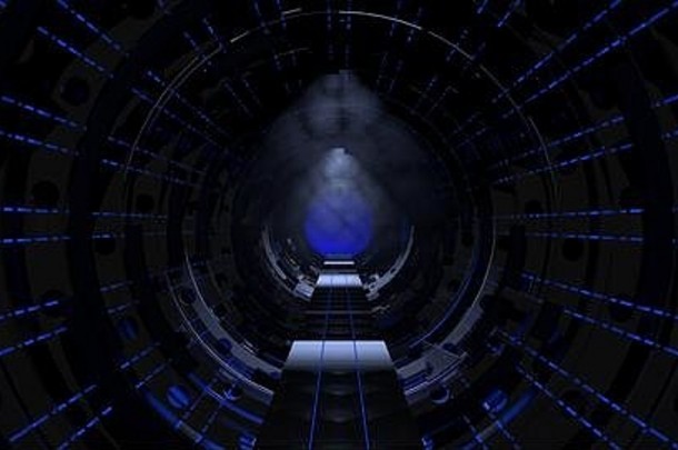 一条黑色走廊的正视图，圆形结构，隧道尽头有一扇窗户，蓝色灯光，水疗中心内有一种神秘的气氛