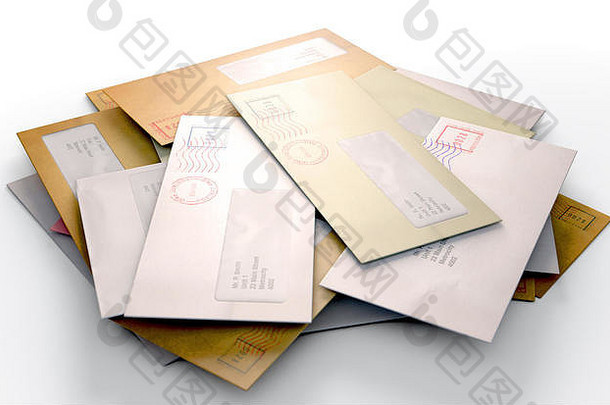 渲染分散堆栈常规的信封交付邮票清晰的窗口孤立的白色背景