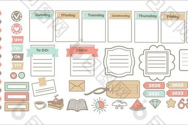 剪贴簿贴纸或计划表、日历和检查表、独立图标