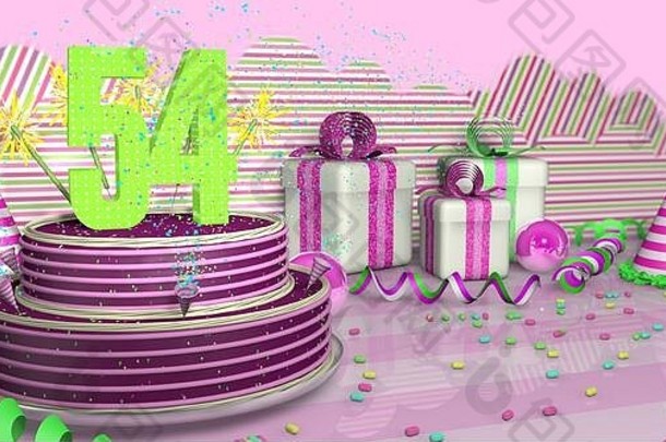 紫色圆形54岁生日蛋糕，在明亮的桌子上装饰着五颜六色的火花和粉色线条，上面有绿色的彩带、派对帽和带别针的礼盒