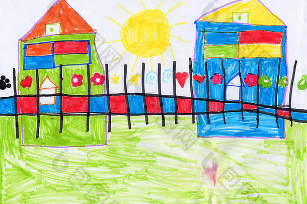 孩子画上的房子、绿草和阳光