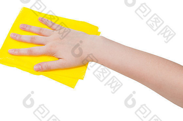 在白色背景上隔离黄色抹布的手