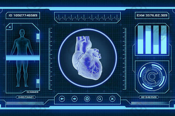 医疗和科学用途的未来应用程序界面-人体心脏扫描仪（3d渲染）
