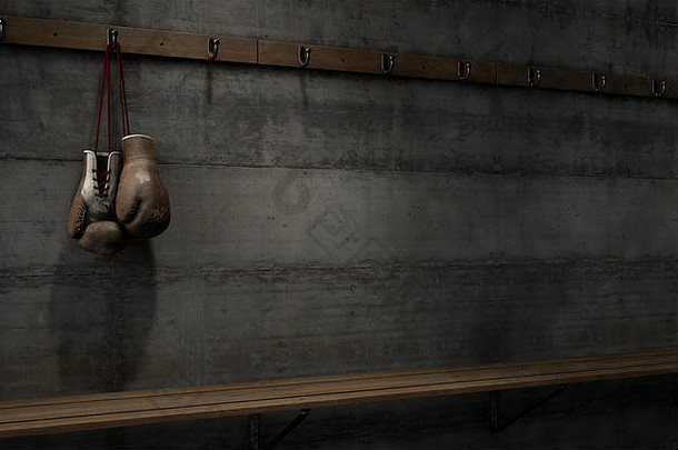 聚光灯下的老式拳击手套挂在更衣室空木凳上方的衣架上-3D渲染