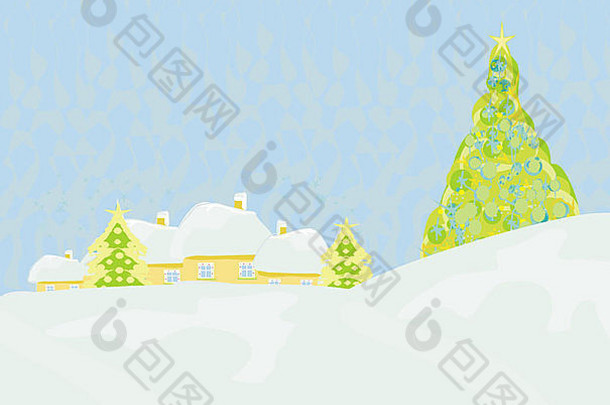 雪山风景中的圣诞屋和圣诞树