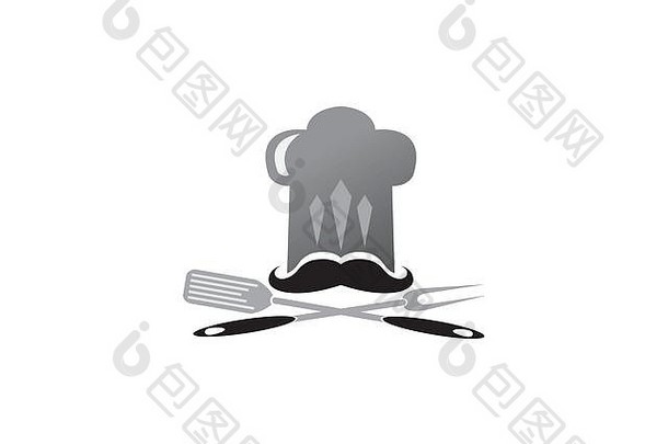 炊具帽和胡子，带烤架工具用于标志设计的抹刀和叉子