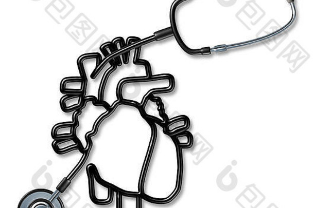 听诊器形状像一个人的<strong>心脏</strong>，作为一个医学心血管诊断概念，用于<strong>心脏</strong>病学或<strong>心脏</strong>病专家，作为一个白色背景上的3D插图。