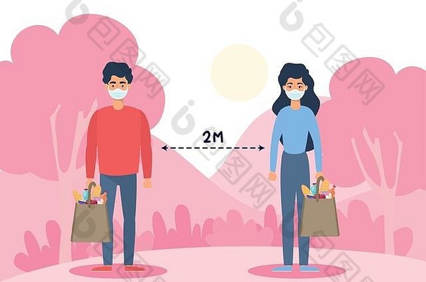 夫妻俩戴着口罩，带着杂货、购物袋和社交距离