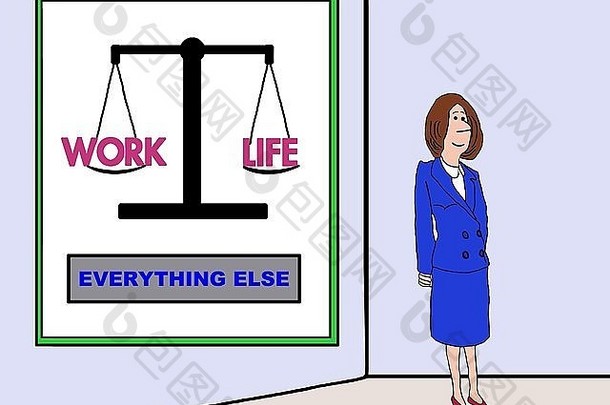 女商人站在一张图表前的商业漫画，描绘了“工作”“生活”在天平上的平衡和“其他一切”。
