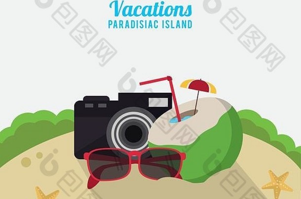 度假天堂岛海滩椰子鸡尾酒照相机和太阳镜