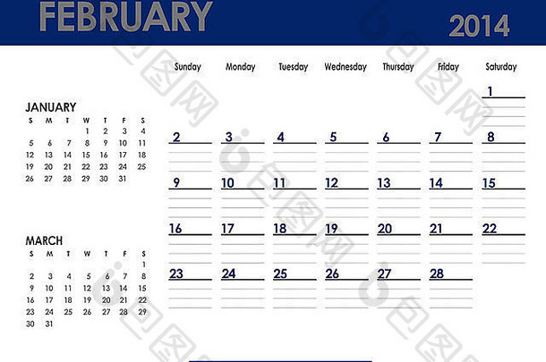 2014年2月的月历。星期天开始。上个月和下个月