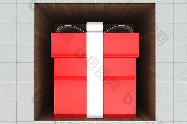 红色的礼物盒子石头墙