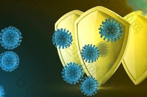 安全屏蔽病毒防护概念。冠状病毒Sars-Cov-2安全屏障。光亮钢盾2019冠状病毒疾病预防源
