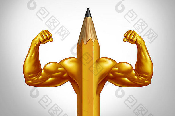 潜力和创造力的力量或强大的教育理念象征，如铅笔，巨大的二头肌和肌肉代表商业训练。