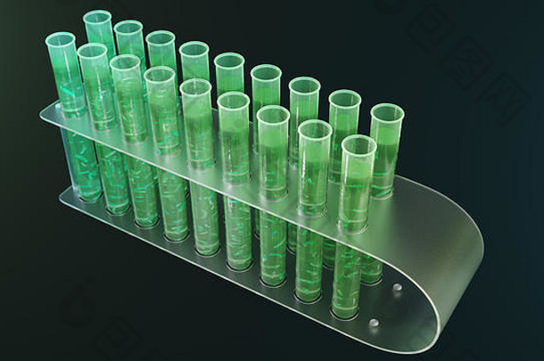 3D插图生物燃料油实验室研究，生物燃料概念。试管内液体中的细菌作为燃料。生物技术。玻璃器皿