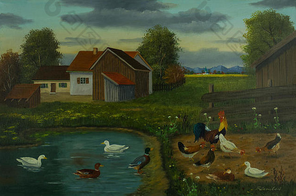 石油绘画农场池塘自由放养的鸭子鸡