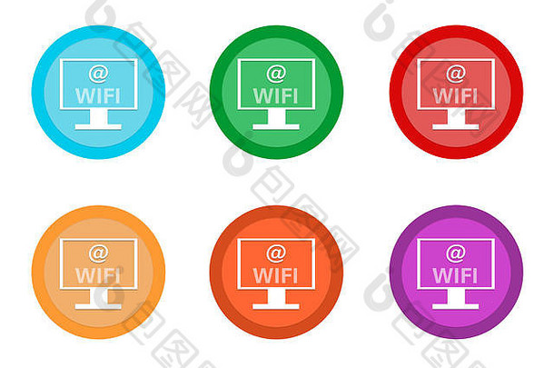 集圆形的色彩斑斓的按钮电脑显示无线网络象征蓝色的绿色黄色的橙色粉红色的红色的颜色