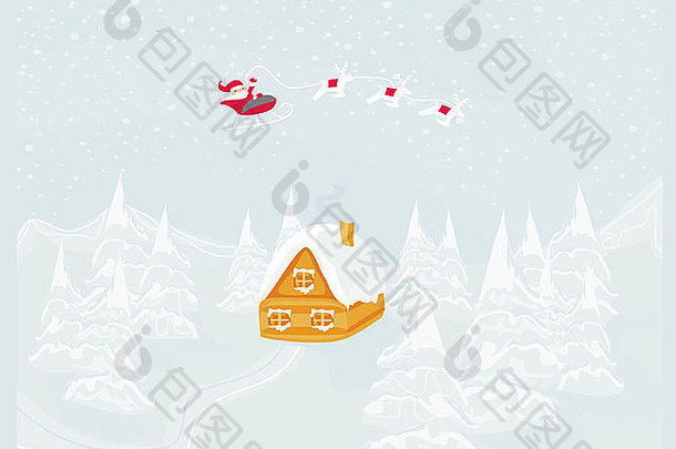 圣诞老人和<strong>冬季</strong>风景的新年快乐卡