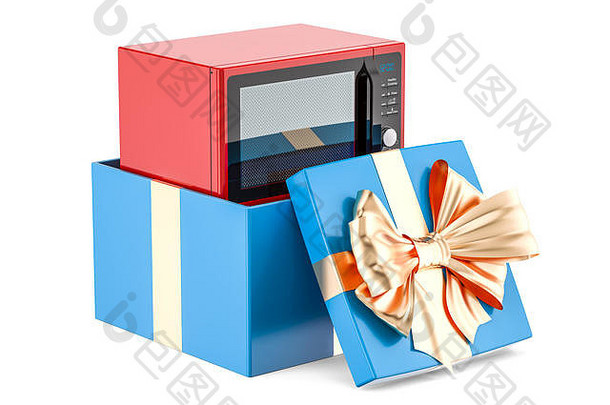 微波烤箱内部礼物盒子礼物概念呈现孤立的白色背景