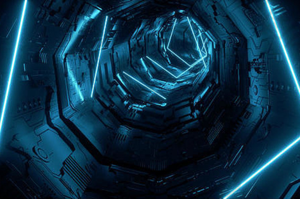 未来派霓虹灯蓝色超五边形三角形细节科幻外星飞船反射金属走廊隧道门空发光背景Mo