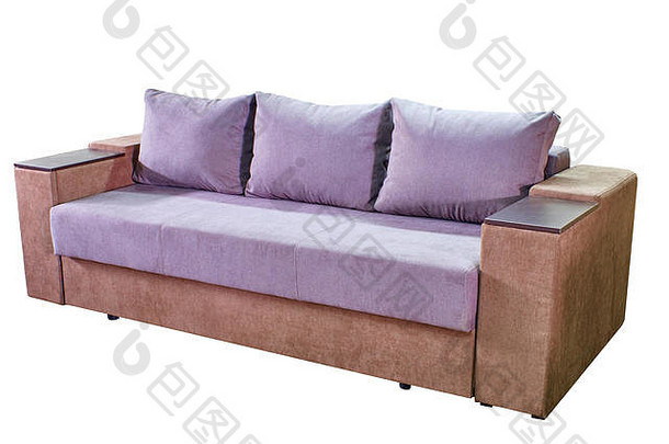 现代大型舒适双色调织物沙发，木质衬里和白色背景上的otkryvnymi扶手