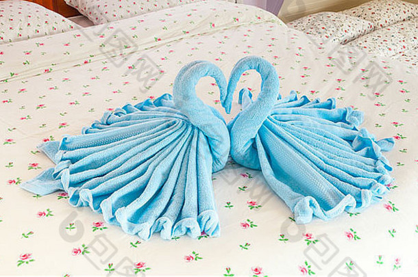 一对蓝色的天鹅在心形的毛巾里。