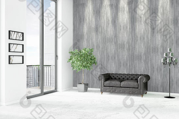 全新的白色阁楼卧室简约风格的室内设计，带有空间<strong>墙</strong>面和窗外的景观。3D渲染。