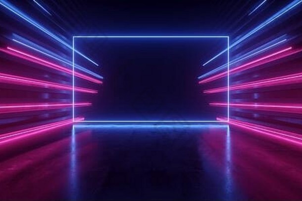 网络充满活力的激光阶段讲台上紫色的蓝色的霓虹灯荧光潘通色卡sci未来主义的走廊仓库隧道聚会，派对俱乐部宇宙飞船走廊使得