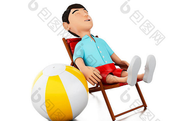 插图男人。放松海滩椅子海滩球假期概念孤立的白色背景