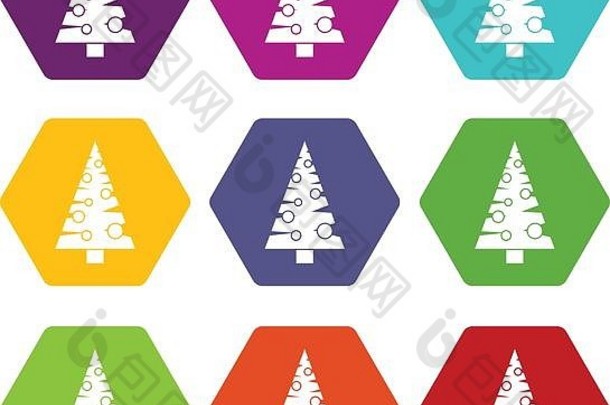 圣诞节树图标集颜色六面体