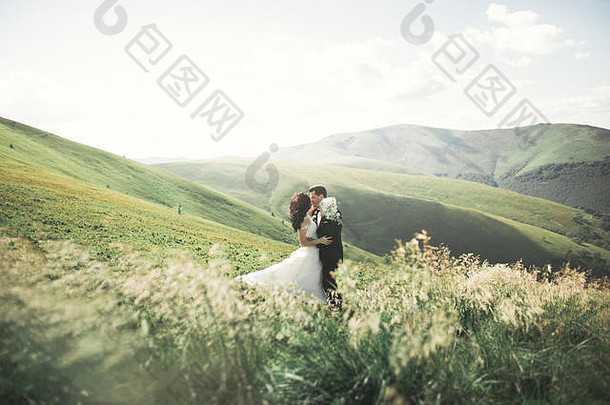 美丽迷人的快乐新娘和时尚新郎在阳光灿烂的群山背景下摆姿势