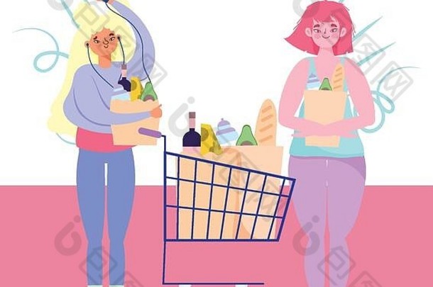 人们囤积物品，女人和女孩带着购物车和超市的购物袋